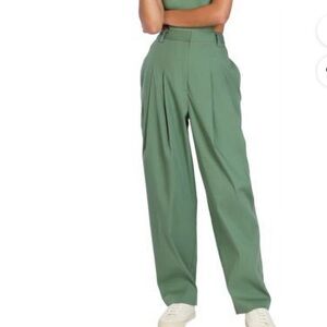 Bar III Nicole Williams English Green Pleated High Waist Wide Leg Relaxed Pants